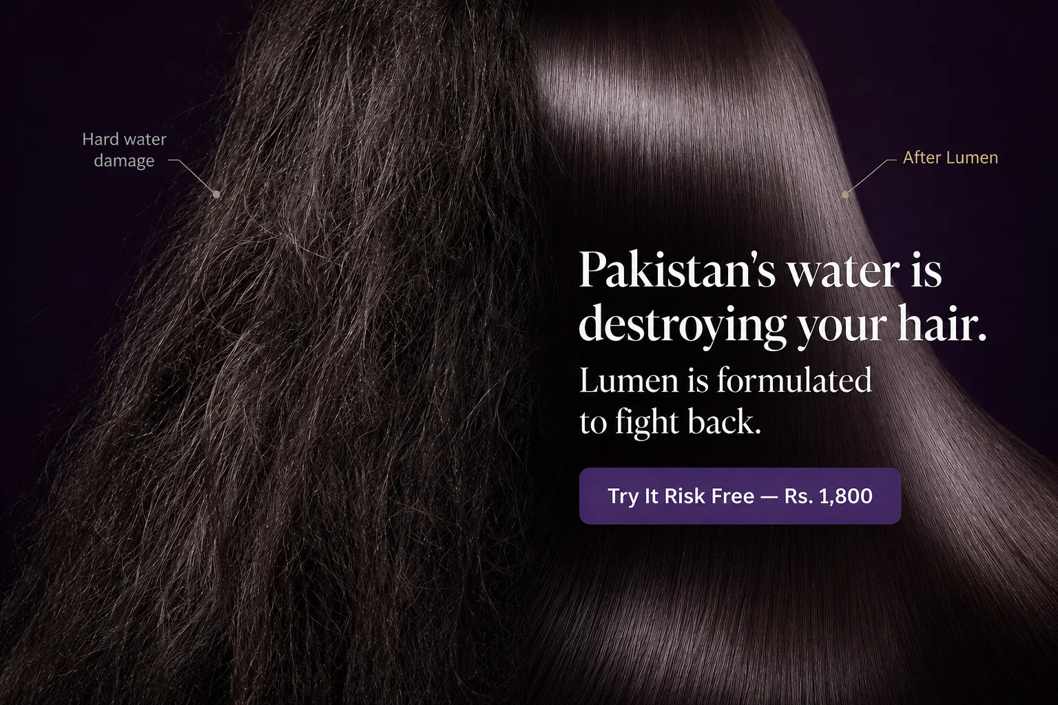 Before and after hair transformation: frizzy damaged hair vs smooth shiny hair after using Lumen Care