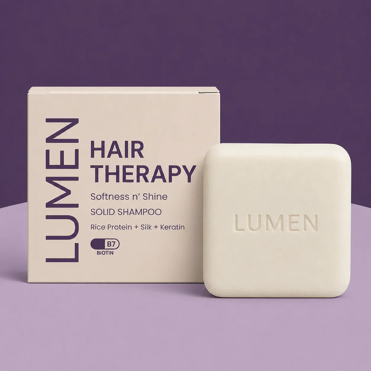 Lumen Hair Therapy solid shampoo bar with rice protein, silk, keratin, and biotin for softness and shine